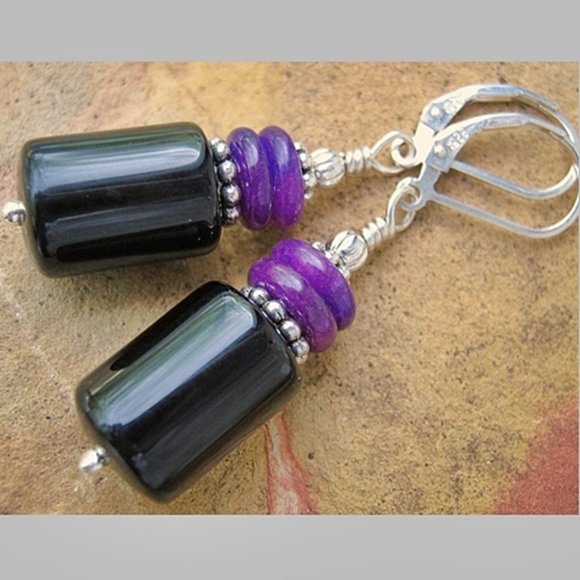 Black Onyx And Sugilite Earrings 925 Sterling Silver Leverbacks - Picture 2 of 7